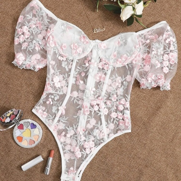 Flower embroidered mesh bodysuit
